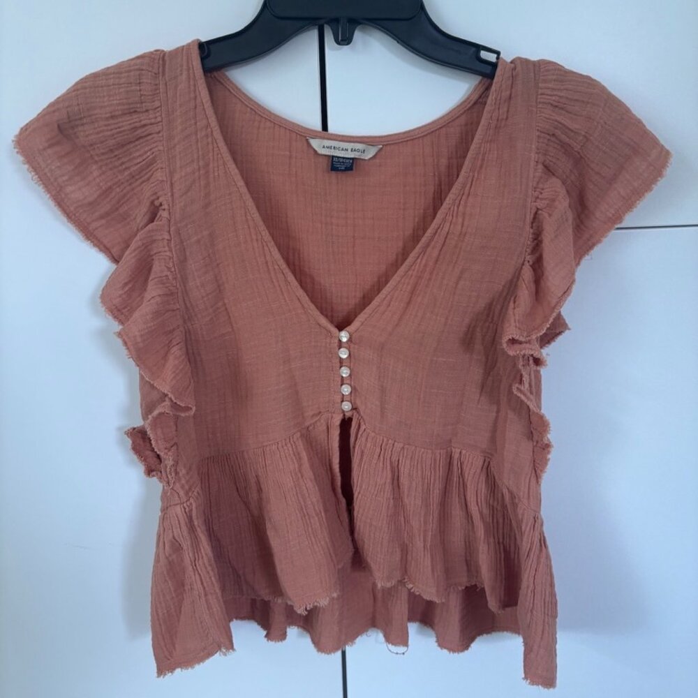 NWOT American Eagle Dusty Orange Ruffle Button Blouse Size XS